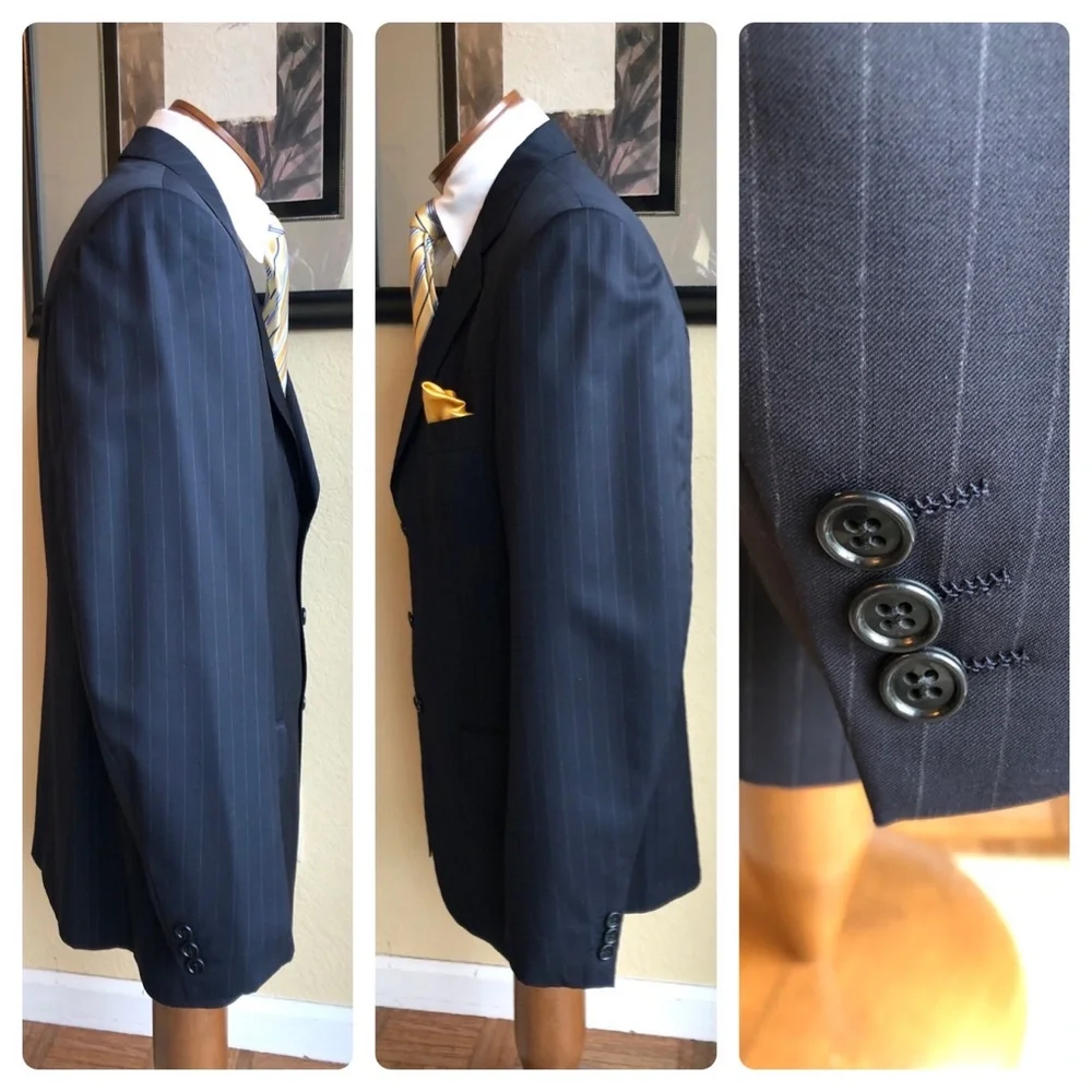 Emilio Yuste Wool 2 Piece Navy Blue Pinstripe Suit Size 42R Slacks W35” L29.5”